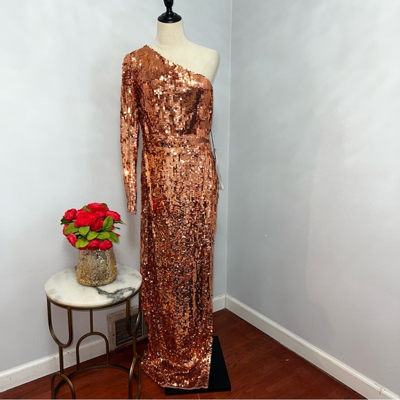 MAC DUGGAL Copper Long Sleeve One Shoulder Sequin Gown With Slit - New W/Tag - Picture 7 of 17